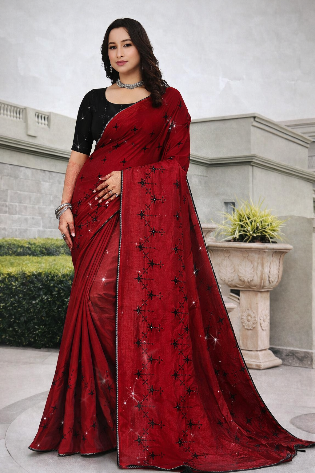 Royal Teal Star Work Saree