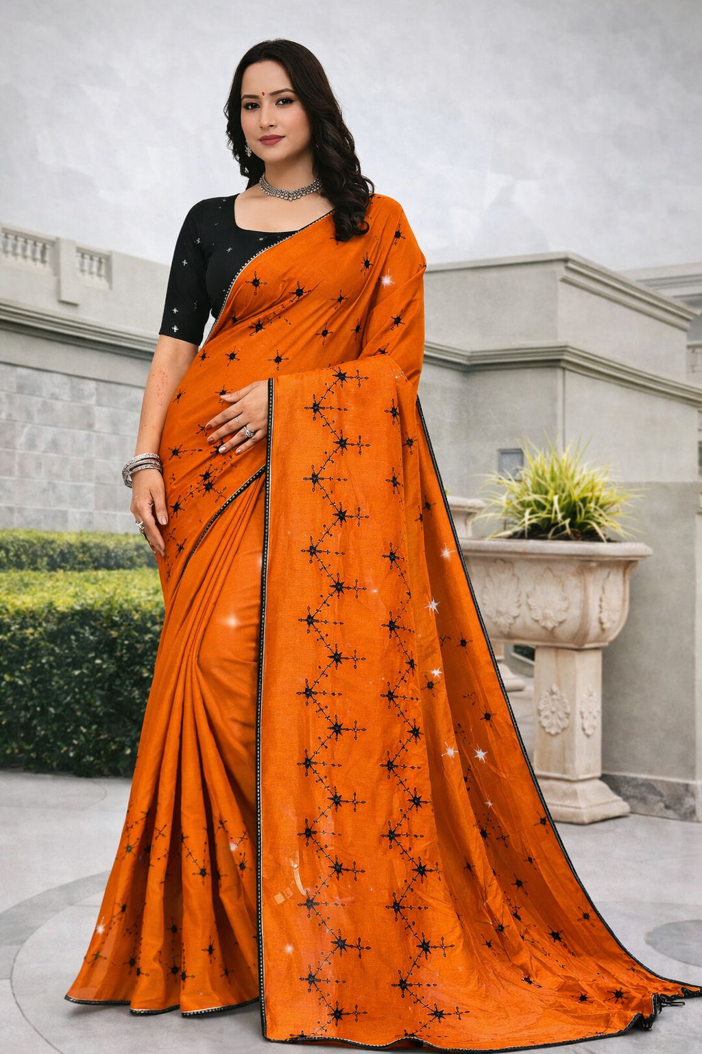 Royal Teal Star Work Saree