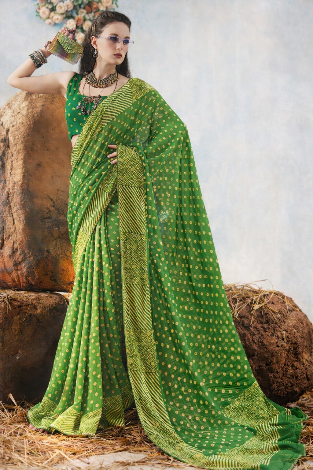 Teal Bandhani Designer Saree