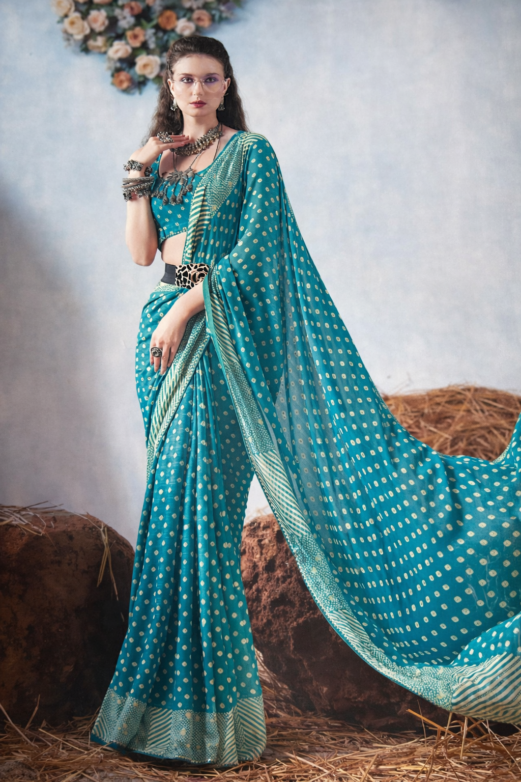 Teal Bandhani Designer Saree