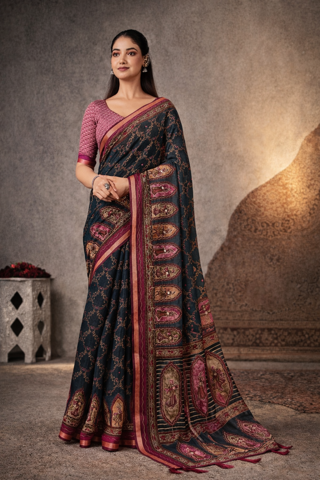 Royal Olive Printed Cotton Saree