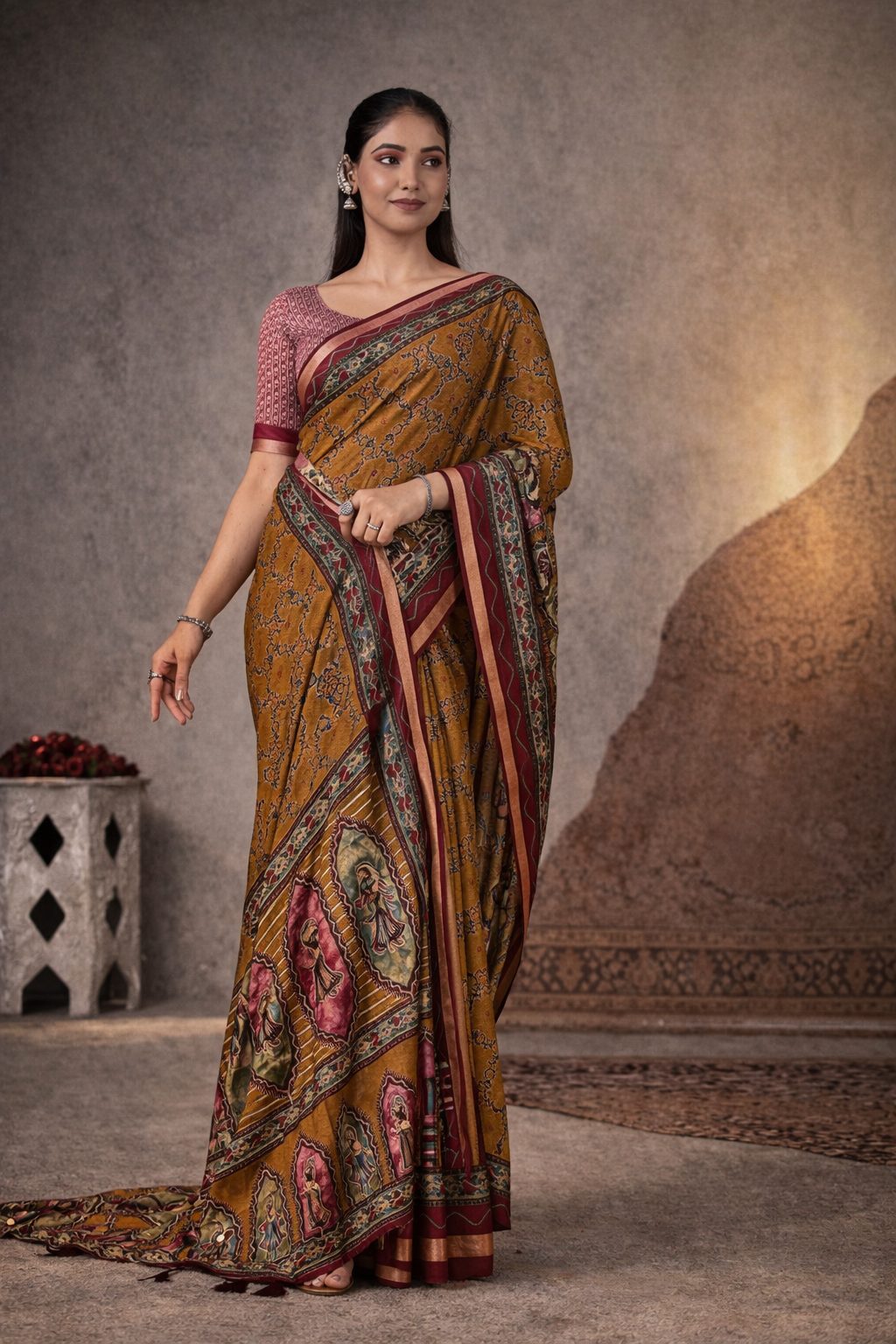 Royal Olive Printed Cotton Saree