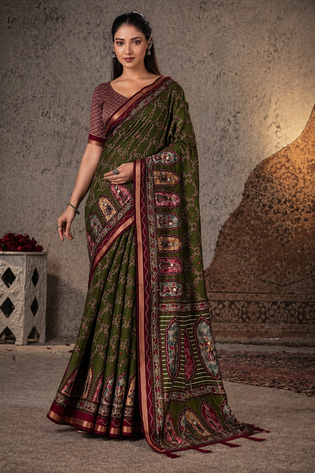 Royal Olive Printed Cotton Saree