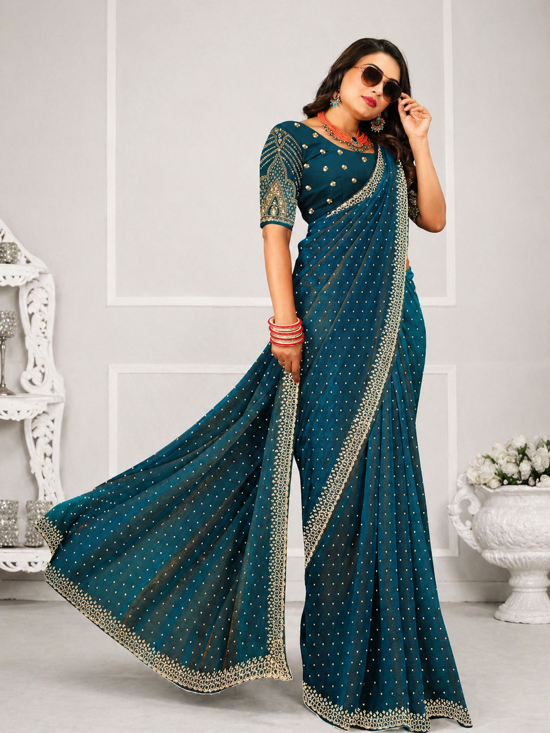 Gold Ring Designer Partywear Saree