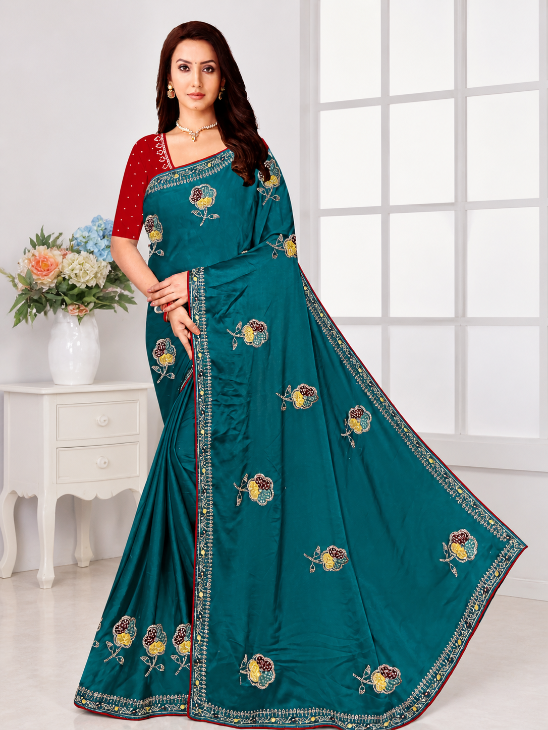 Premium Bottle Green Designer Saree