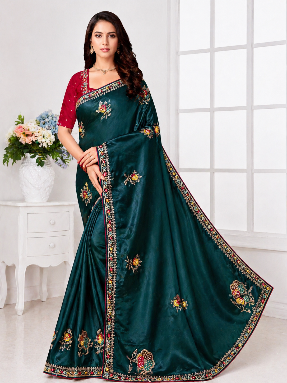 Premium Bottle Green Designer Saree