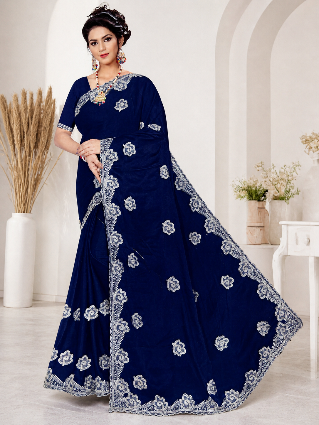 Designer Embroidery Georgette Saree with Silver Motifs