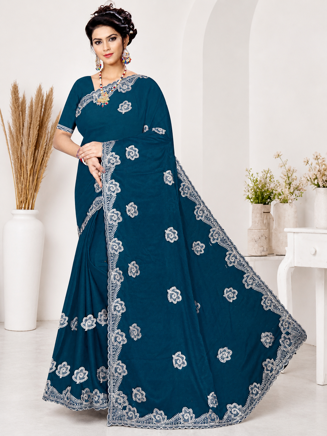 Designer Embroidery Georgette Saree with Silver Motifs
