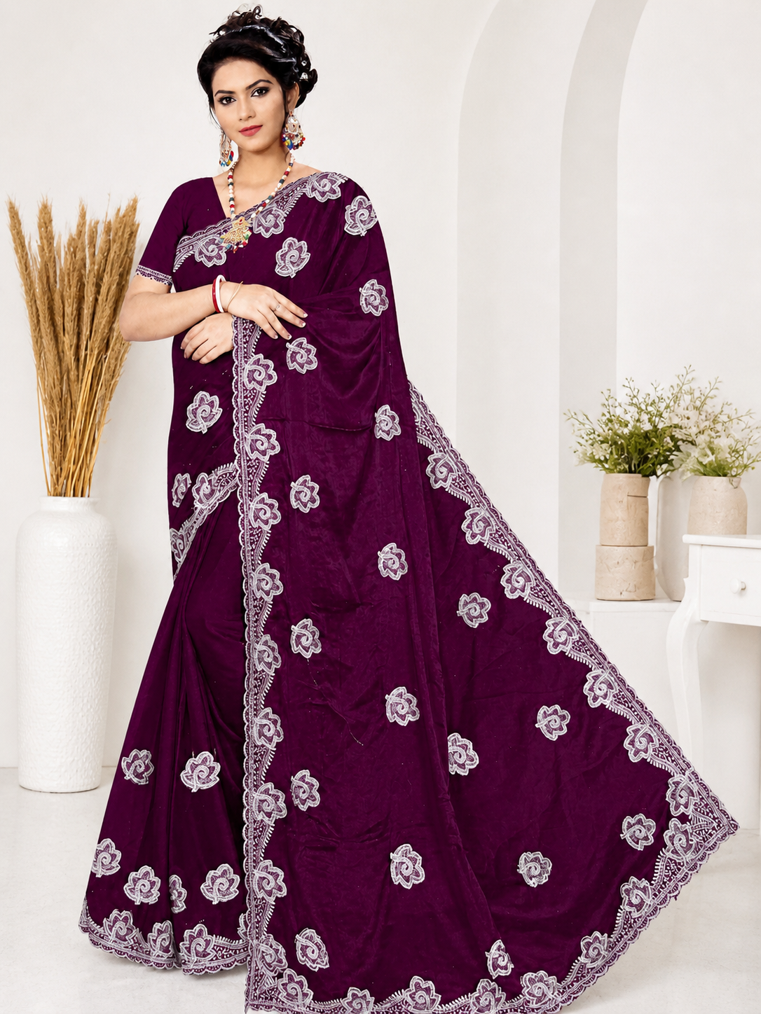 Designer Embroidery Georgette Saree with Silver Motifs