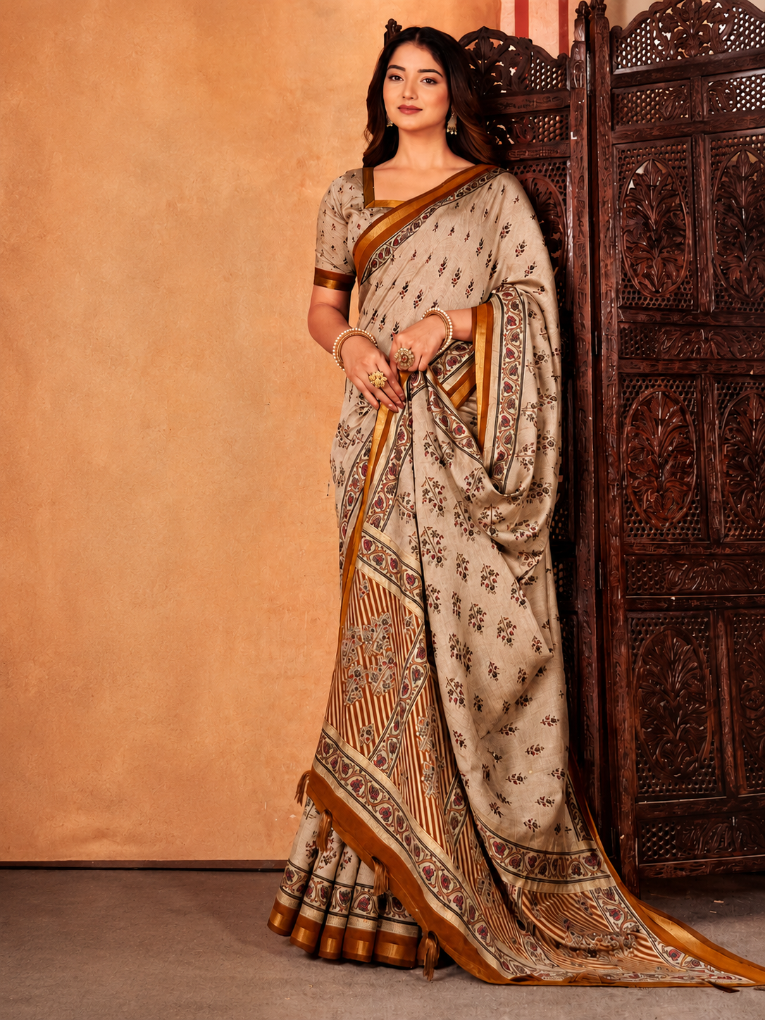 Royal Beige Blossom Cotton Saree