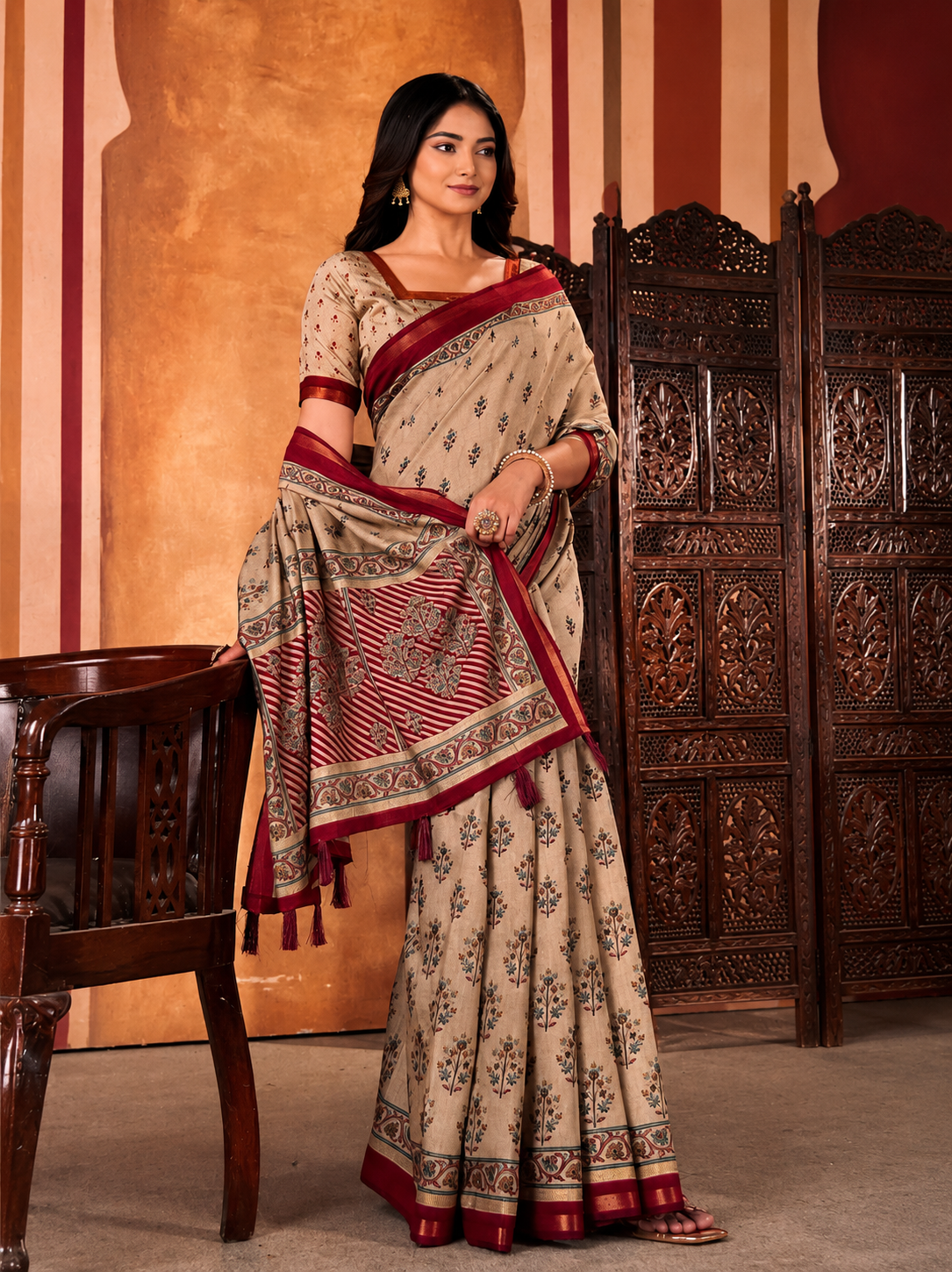 Royal Beige Blossom Cotton Saree