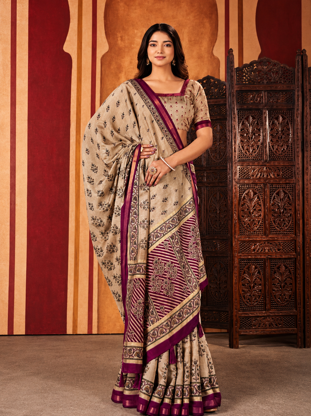 Royal Beige Blossom Cotton Saree