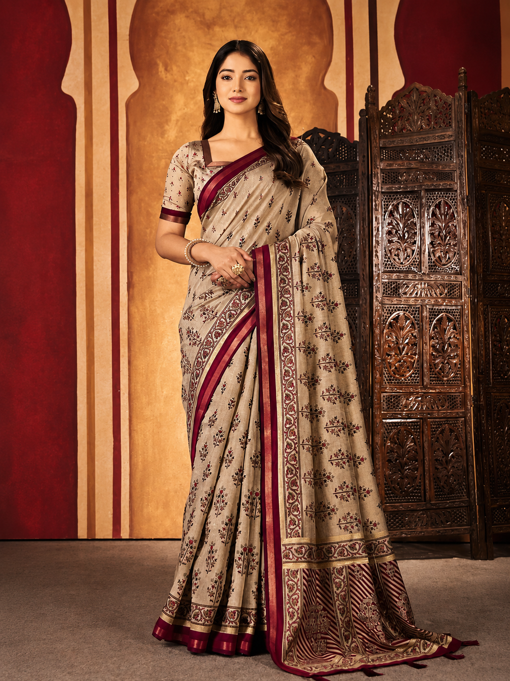 Royal Beige Blossom Cotton Saree