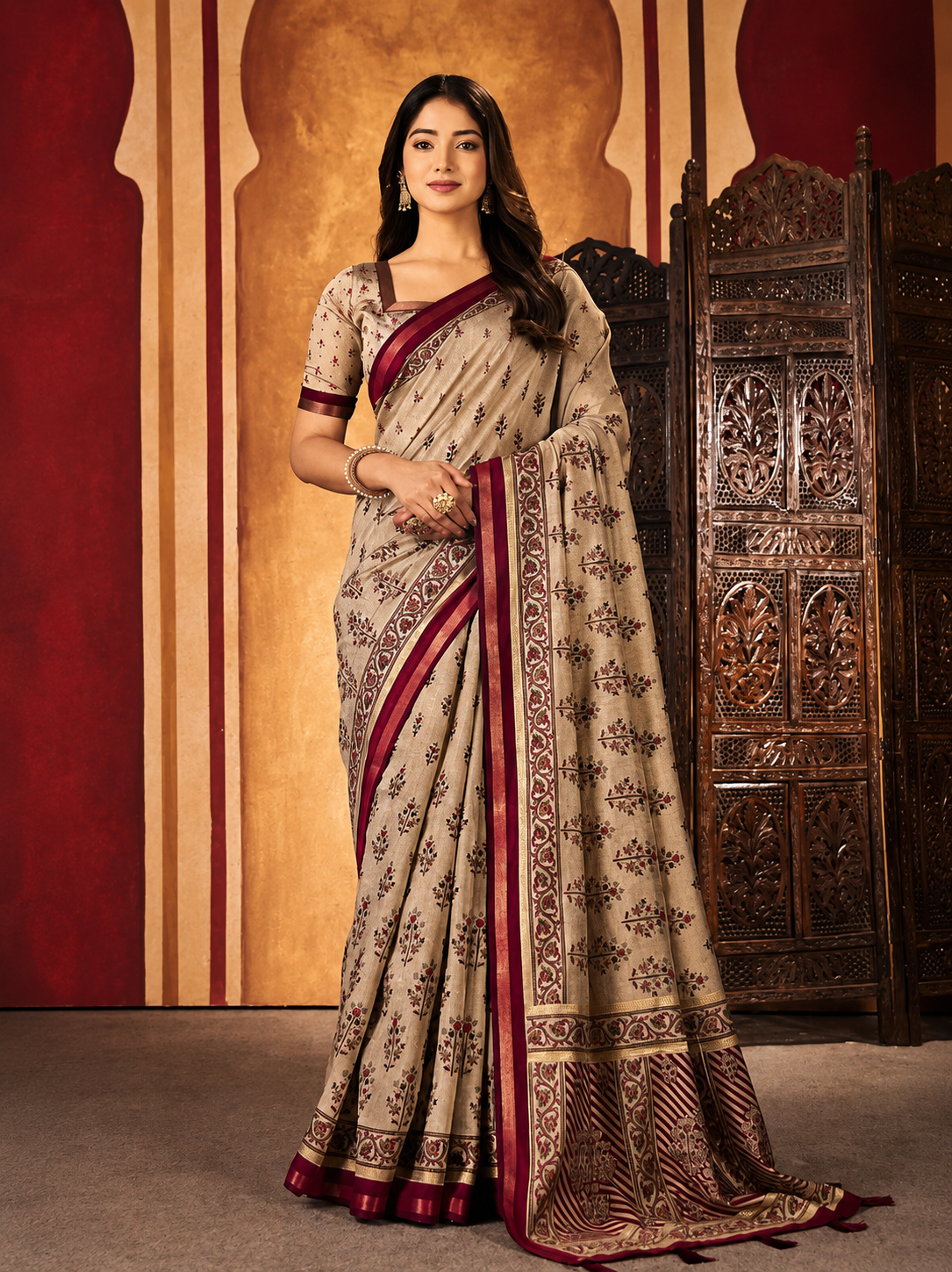Royal Beige Blossom Cotton Saree