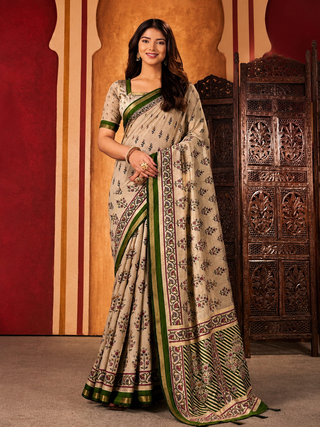 Royal Beige Blossom Cotton Saree
