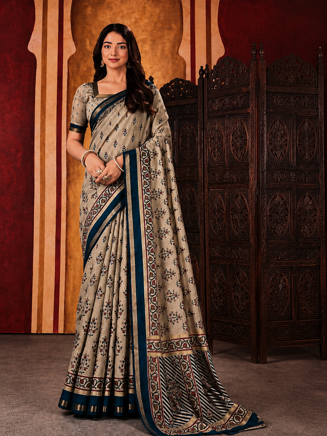 Royal Beige Blossom Cotton Saree