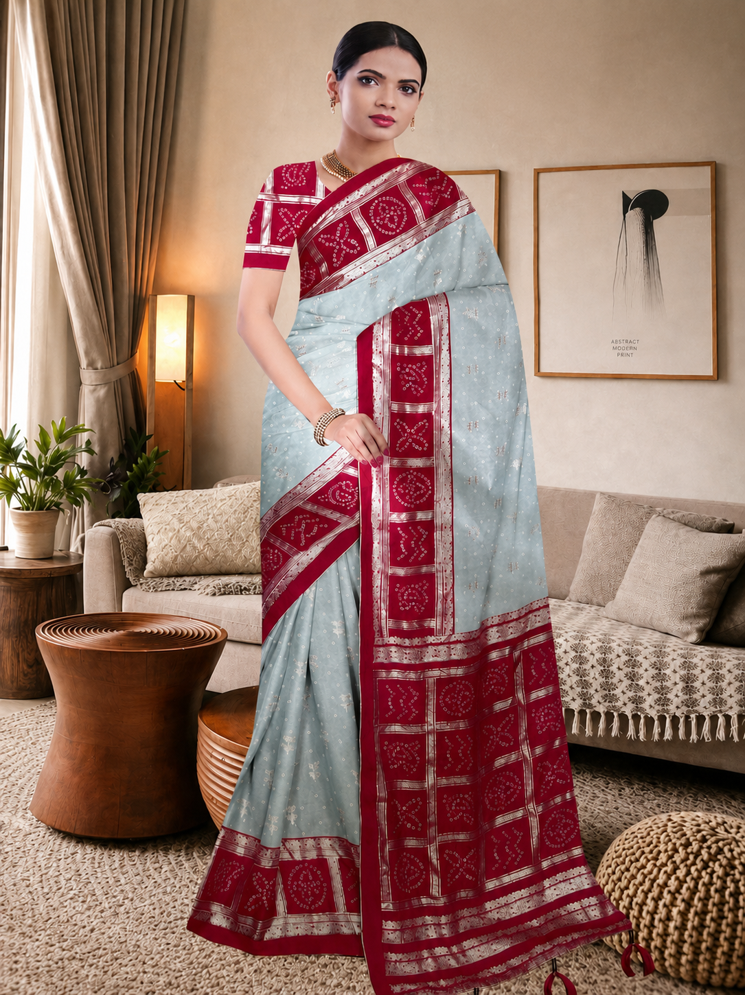 Frost Sky Blue & Royal Ruby Red Saree