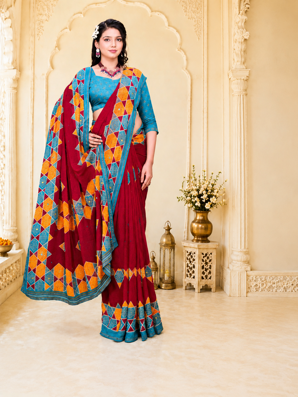 Royal Maroon Geometric Saree