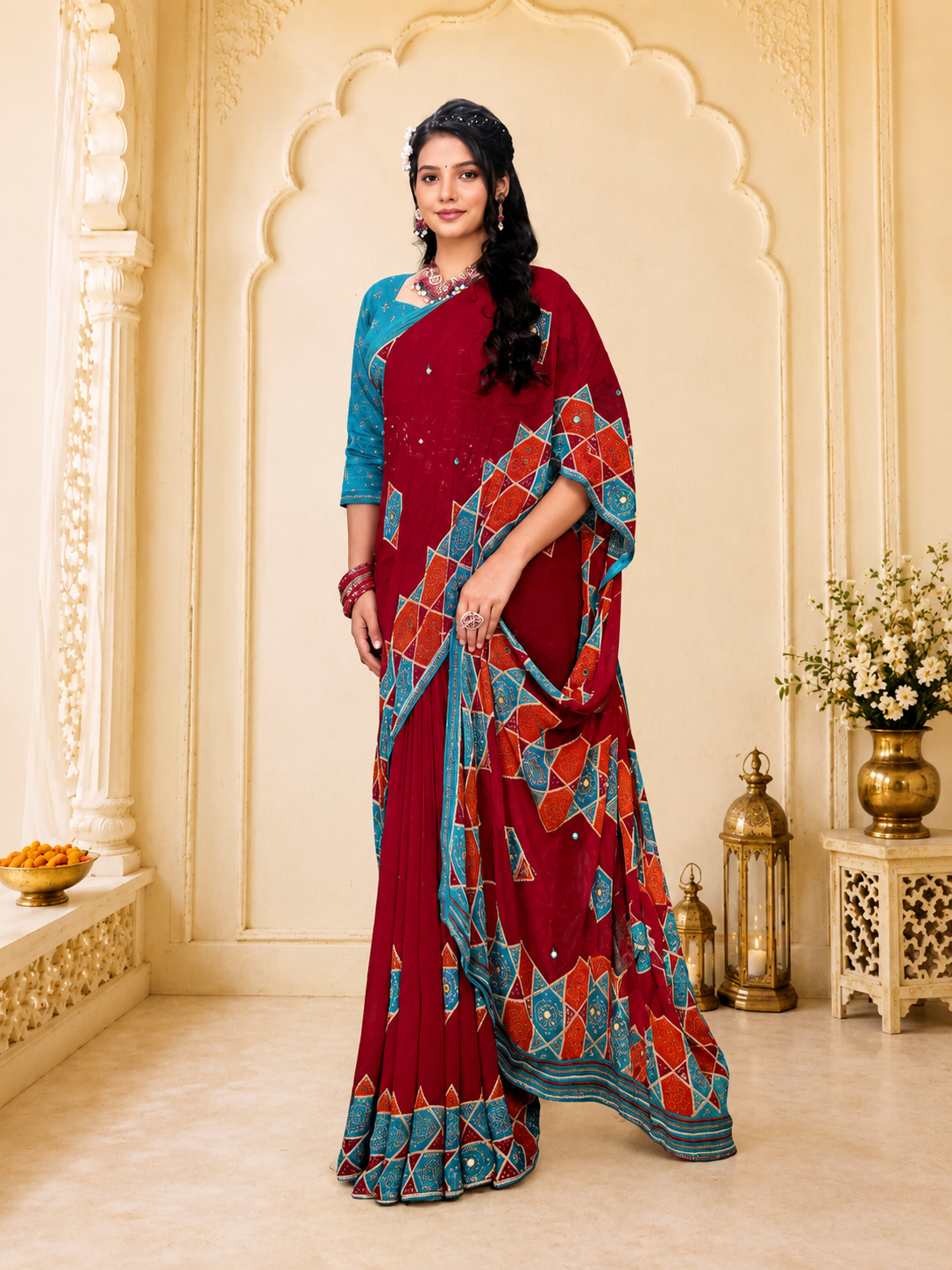 Royal Maroon Geometric Saree